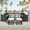 (9-Piece) Patio All-Weather PE Wicker Dining Table Set with Wood Tabletop for 8, Black Rattan+Beige Cushion