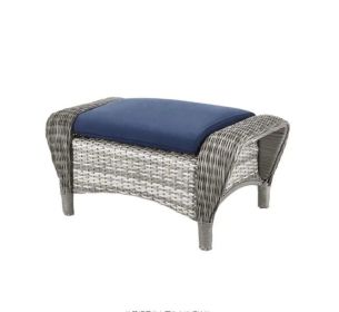 Gray Wicker Outdoor Patio Footstool with Midnight Plaid Navy Cushion