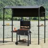 Outdoor 7Ft.Wx4.5Ft.L Iron Double Tiered Backyard Patio BBQ Grill Gazebo with Side Awning; Bar Counters and Hooks; Gray