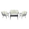 Manhattan Comfort Portofino Rope Wicker 4-Piece Patio Conversation Set with Cushions in Cream