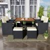 (9-Piece) Patio All-Weather PE Wicker Dining Table Set with Wood Tabletop for 8, Black Rattan+Beige Cushion