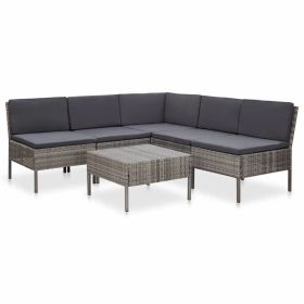 6 Piece Patio Lounge Set with Cushions Poly Rattan Gray (Color: Grey)