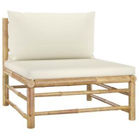 3 Piece Patio Lounge Set with Cream White Cushions Bamboo (Color: White)