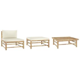 3 Piece Patio Lounge Set with Cream White Cushions Bamboo (Color: Brown)