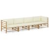 4 Piece Patio Lounge Set with Cream White Cushions Bamboo